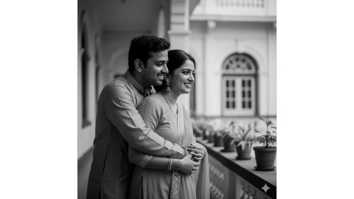 A black and white image of a couple embracing.