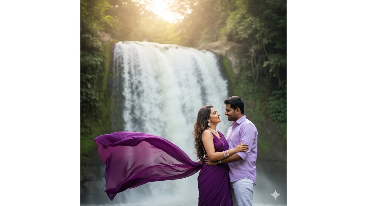 A couple posing romantically in front of a waterfall.