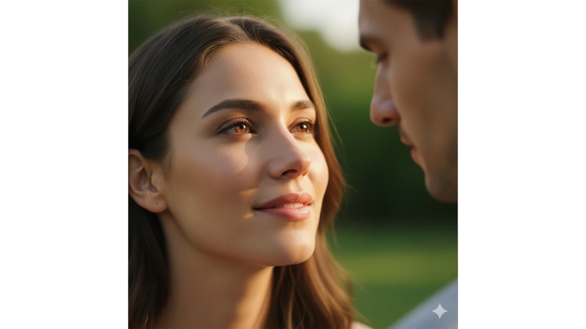 A close-up shot of a woman's face with a man's blurry profile in the background.