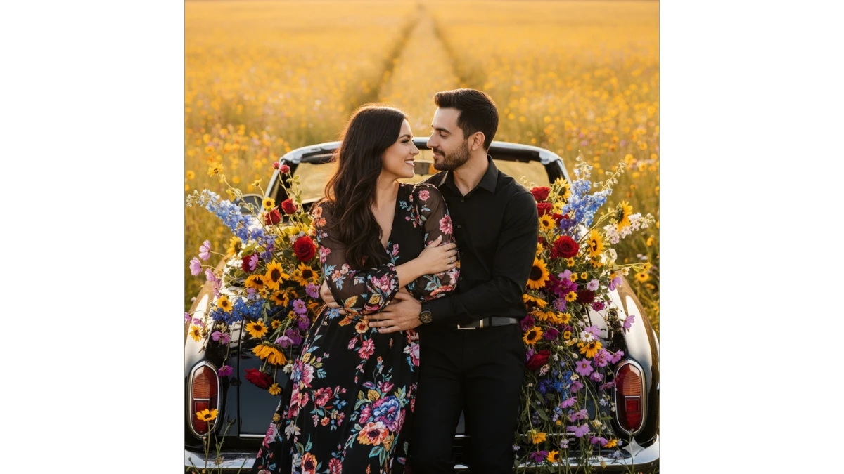 A romantic shot of a couple in a vintage car filled with flowers.