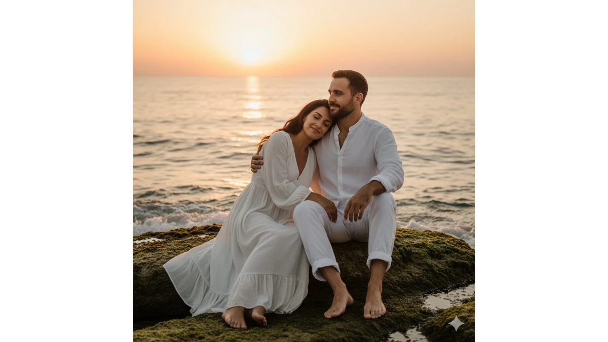 A couple sitting on rocks by the ocean at sunset.