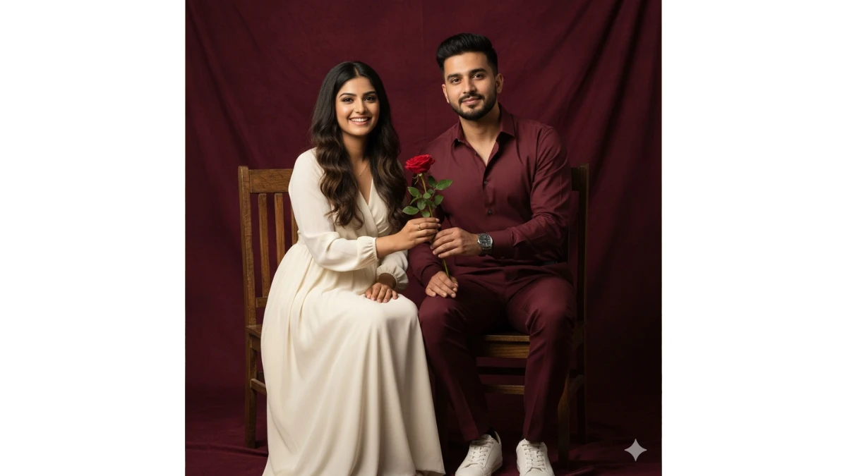 A studio portrait of a couple on wooden chairs against a maroon background.