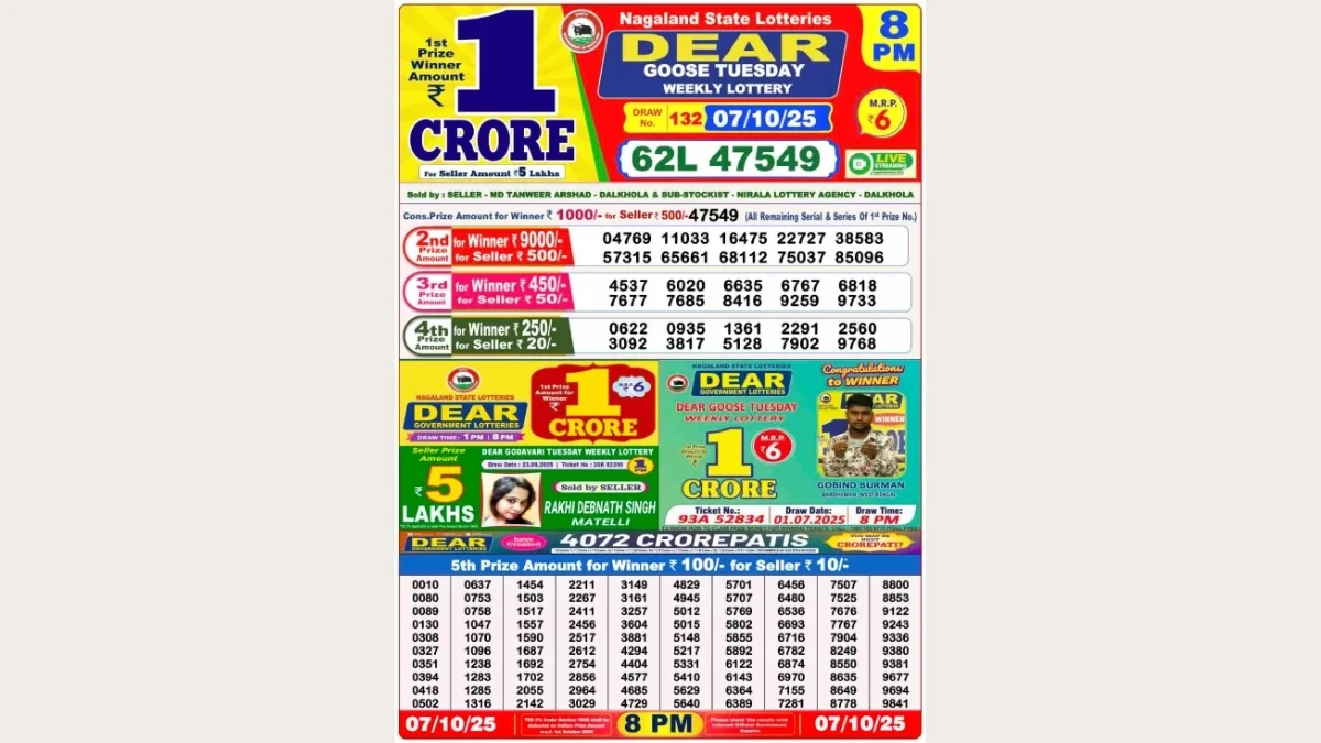 Nagaland Dear Lottery Sambad Result Today 07-10-2025 8 PM OUT : Check all Dear Goose Tuesday Winning Numbers Here