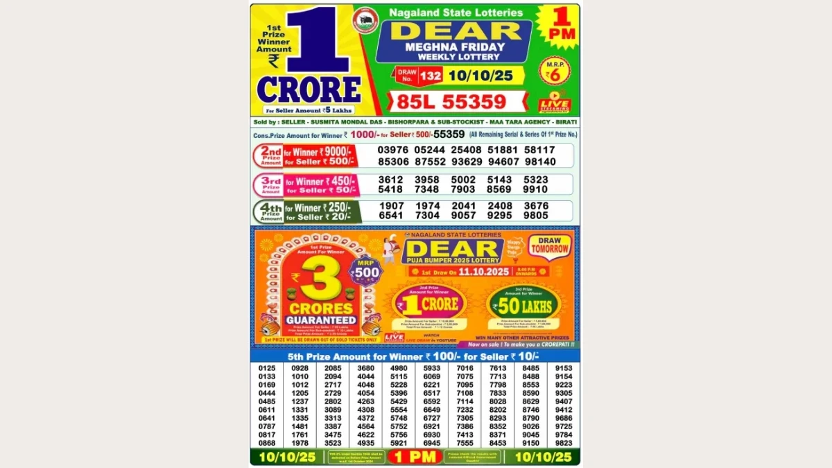 Nagaland Dear Lottery Sambad Result Today 10-10-2025 1 PM OUT: Check all Dear Meghna Friday Winning Numbers Here