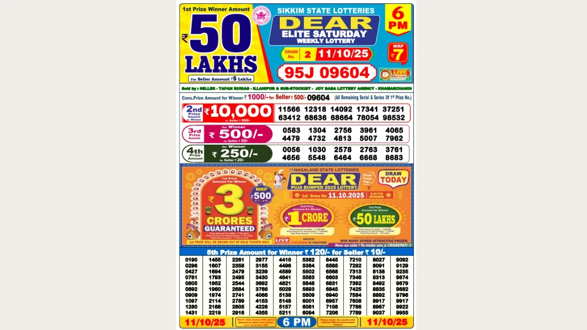Nagaland Dear Lottery Sambad Result Today 11-10-2025 8 PM OUT: Check all Dear Stork Saturday Winning Numbers Here