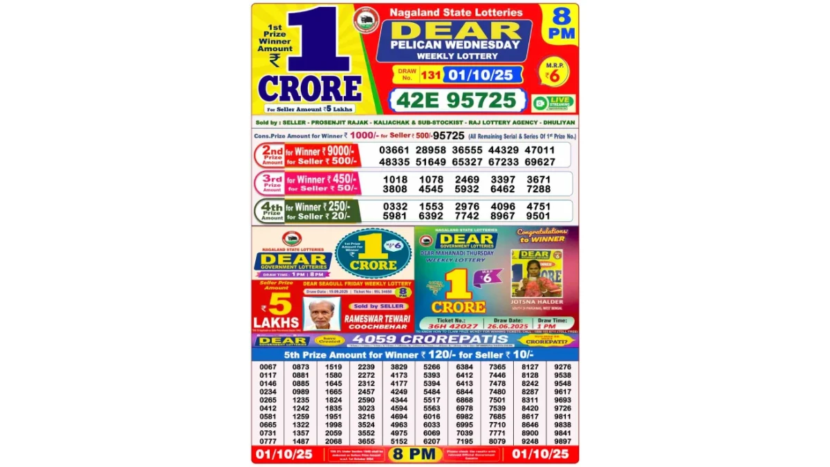 Nagaland Dear Lottery Sambad Result Today 01-10-2025 8 PM OUT: Check all Dear Pelican Wednesday Winning Numbers Here