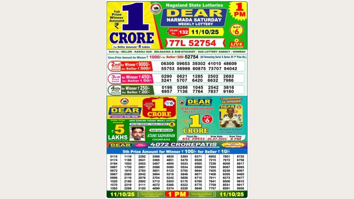 Nagaland Dear Lottery Sambad Result Today 11-10-2025 8 PM OUT: Check all Dear Stork Saturday Winning Numbers Here