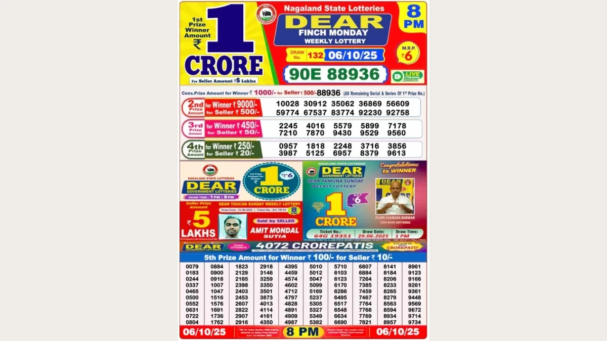 Nagaland Dear Lottery Sambad Result Today 06-10-2025 8 PM OUT: Check all Dear Finch Monday Winning Numbers Here