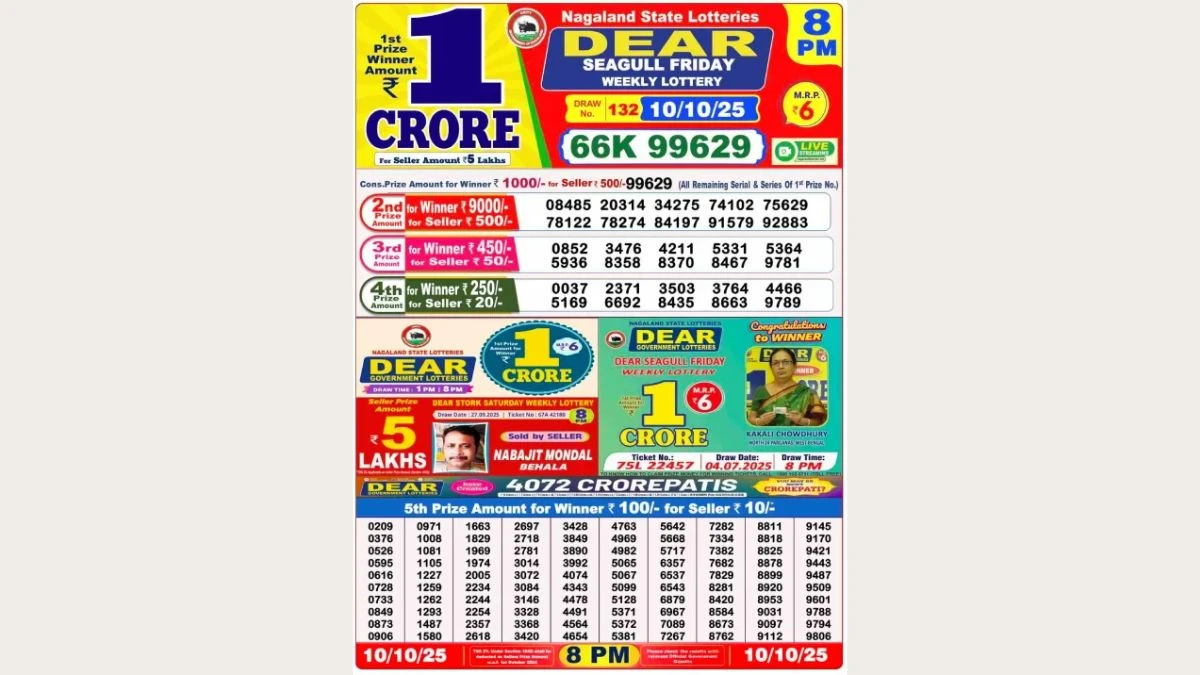 Nagaland Dear Lottery Sambad Result Today 10-10-2025 8 PM OUT: Check all Dear SeaGull Friday Winning Numbers Here