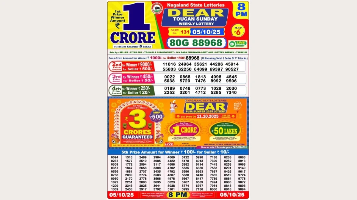 Nagaland Dear Lottery Sambad Result Today 05-10-2025 8 PM OUT: Check all Dear Toucan Sunday Winning Numbers Here
