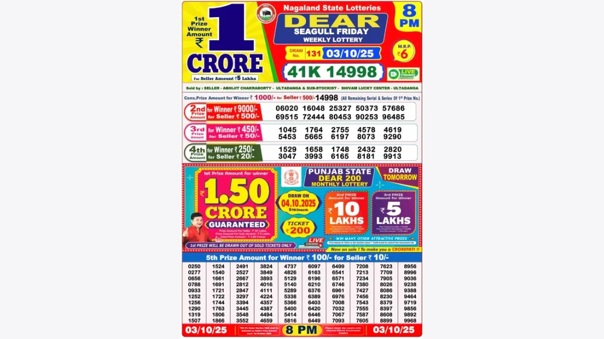Nagaland Dear Lottery Sambad Result Today 03-10-2025 8 PM OUT: Check all Dear SeaGull Friday Winning Numbers Here