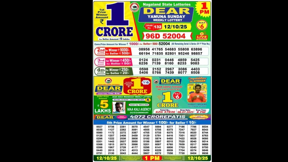Nagaland Dear Lottery Sambad Result Today 12-10-2025 1 PM Out: Check all Dear Yamuna Sunday Winning Numbers Here