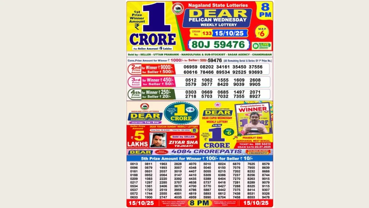 Nagaland Dear Lottery Sambad Result Today 15-10-2025 8 PM OUT: Check all Dear Pelican Wednesday Winning Numbers Here