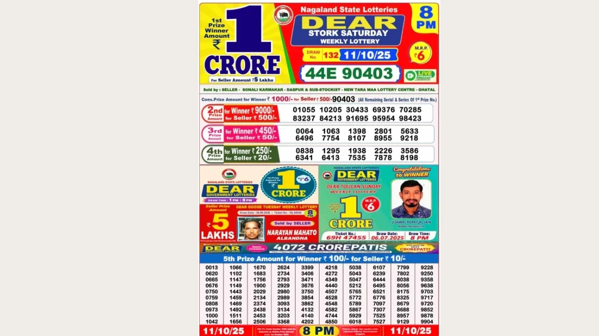 Nagaland Dear Lottery Sambad Result Today 11-10-2025 8 PM OUT: Check all Dear Stork Saturday Winning Numbers Here