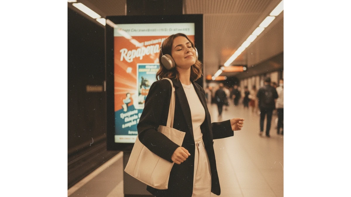 A woman with wavy hair in a black blazer stands in front of a metro station with a retro, grainy filter applied.