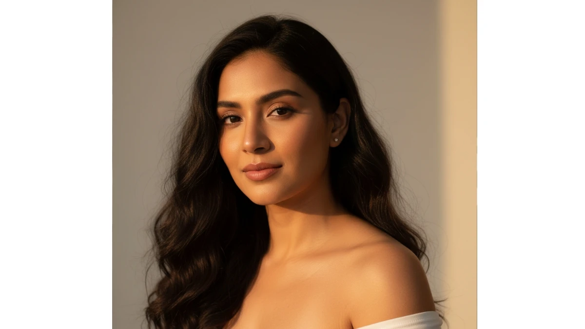 A headshot of a woman with long, dark wavy hair in a white off-the-shoulder top, illuminated by soft natural light.