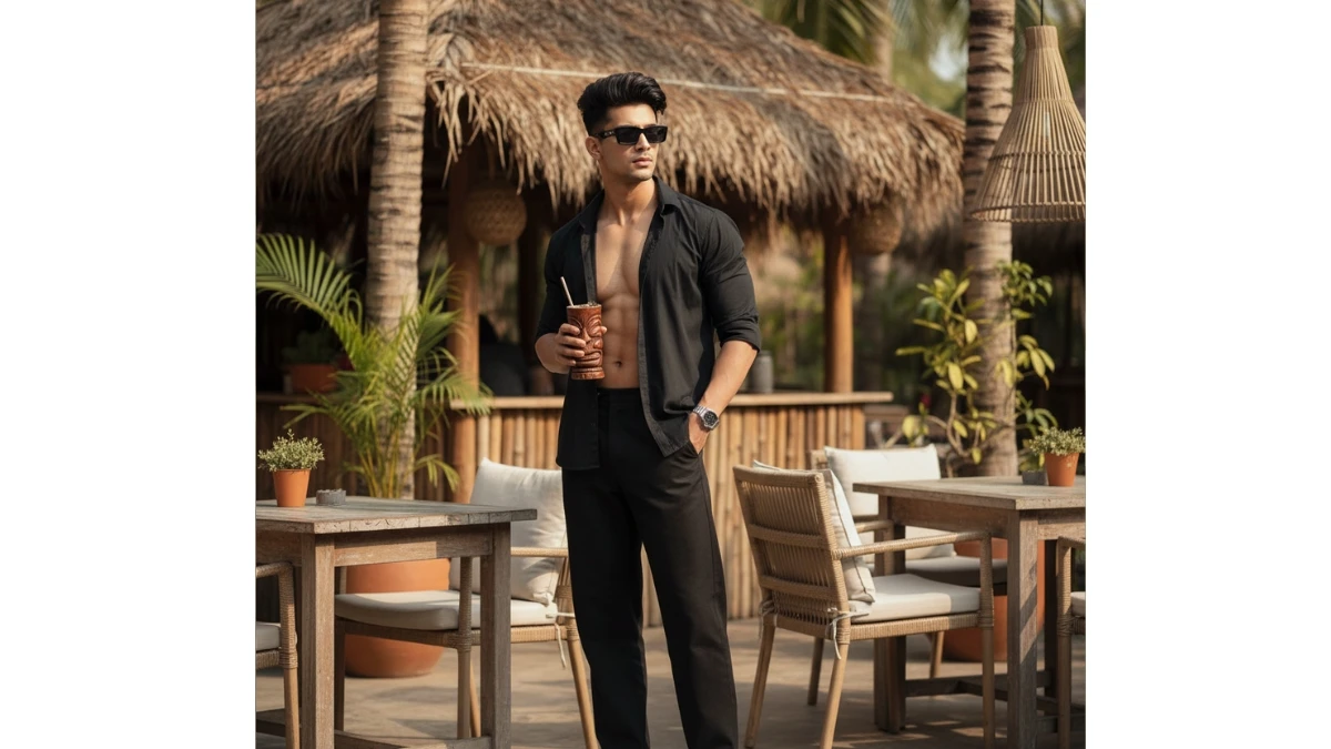 A stylish man in a black shirt and sunglasses stands in a tropical café setting holding a tiki-style drink.