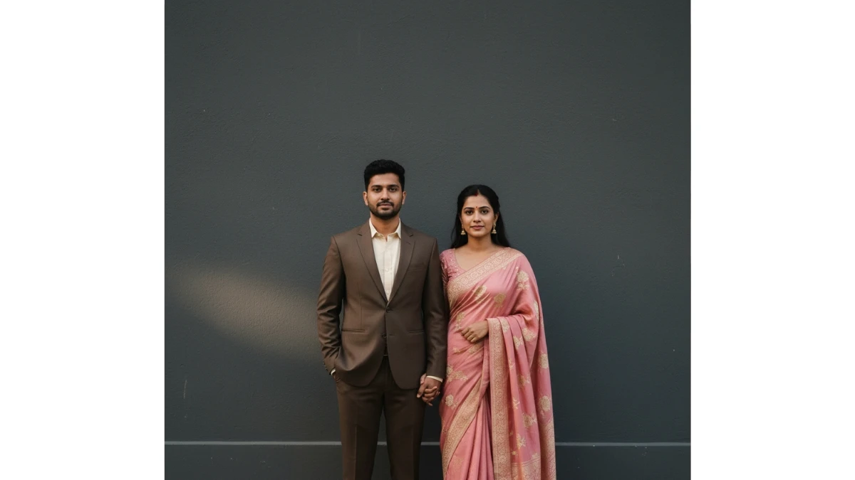 A man in a brown suit and a woman in a pink saree stand together against a dark, plain wall.