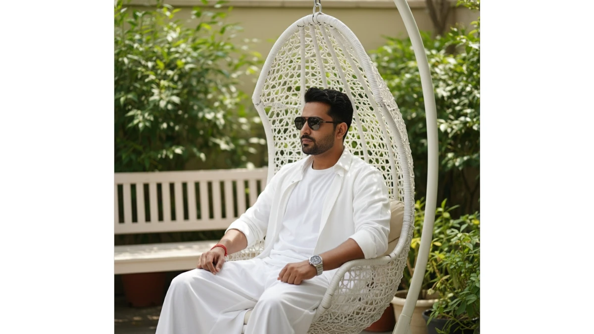 A man in an all-white outfit sits in a white wicker hanging chair in an outdoor patio setting.