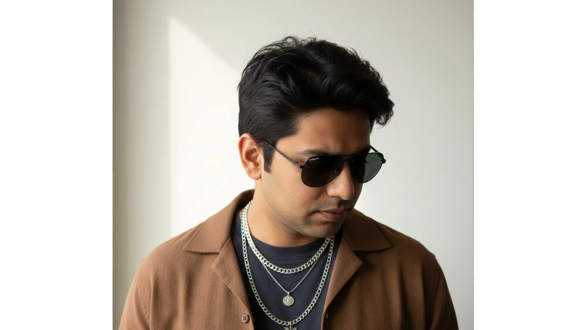 A man with dark hair and sunglasses, wearing a brown collared shirt and silver necklaces, looks down against a plain beige wall.