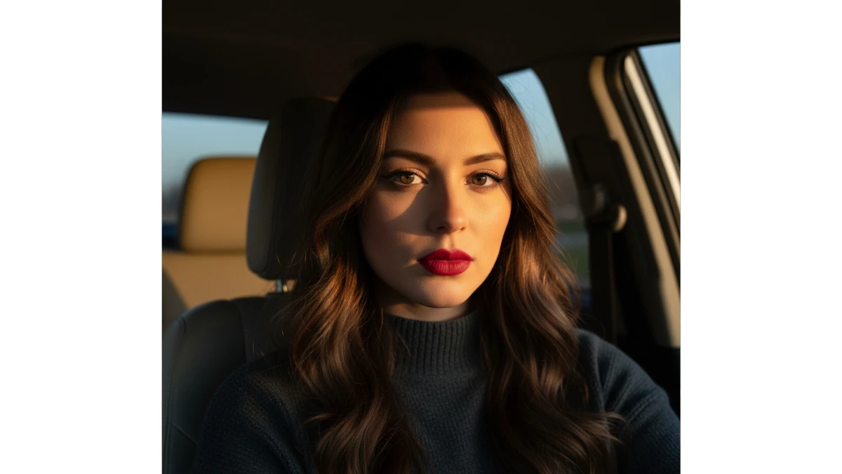A close-up portrait of a woman with long brown hair and bold red lipstick, with dramatic golden light hitting one side of her face.