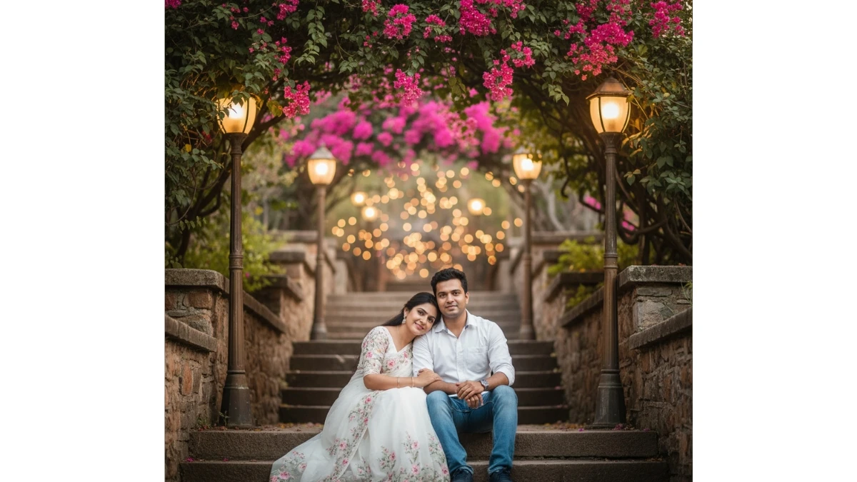 A couple sits on stone steps at twilight, illuminated by vintage street lamps and surrounded by pink flowers and bokeh lights.