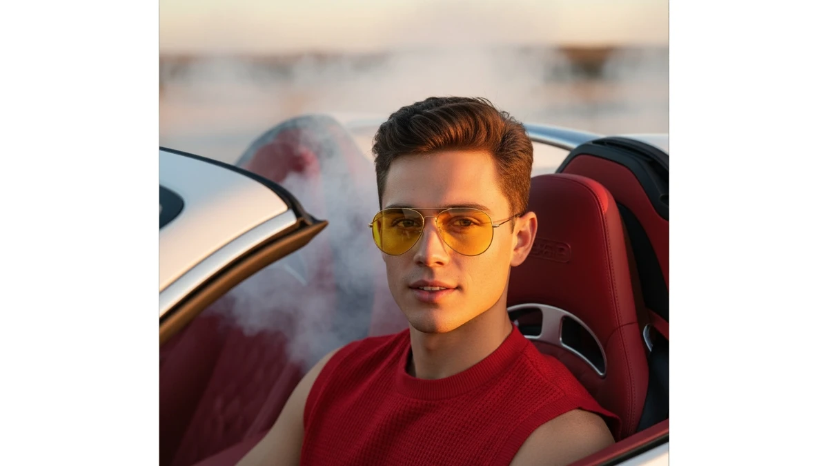 A stylish young man in a red outfit and yellow sunglasses sits in a white Bugatti convertible with a red leather interior.