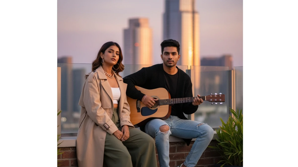 A man and woman in stylish urban outfits sit on a rooftop at sunset, with the man playing an acoustic guitar.