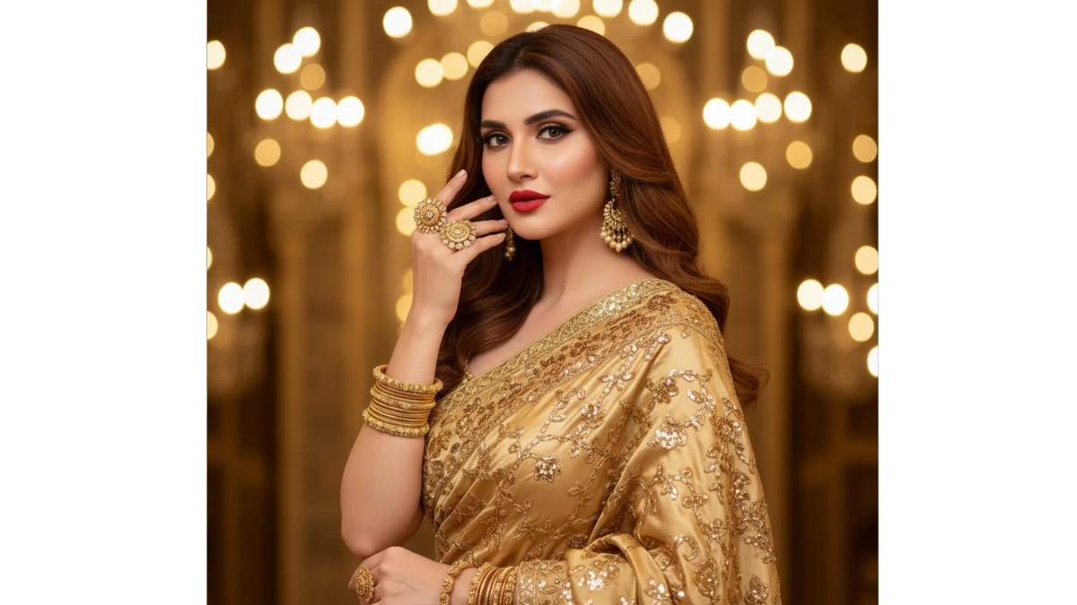A woman in an elegant, embroidered gold saree and matching jewelry poses against a dark background with sparkling bokeh lights.