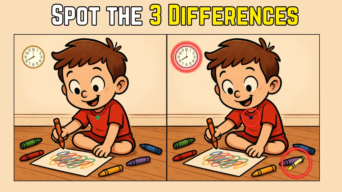 Spot 3 Differences in Boy Doodling With Color Pencil - Can You Find Them in 10 Seconds