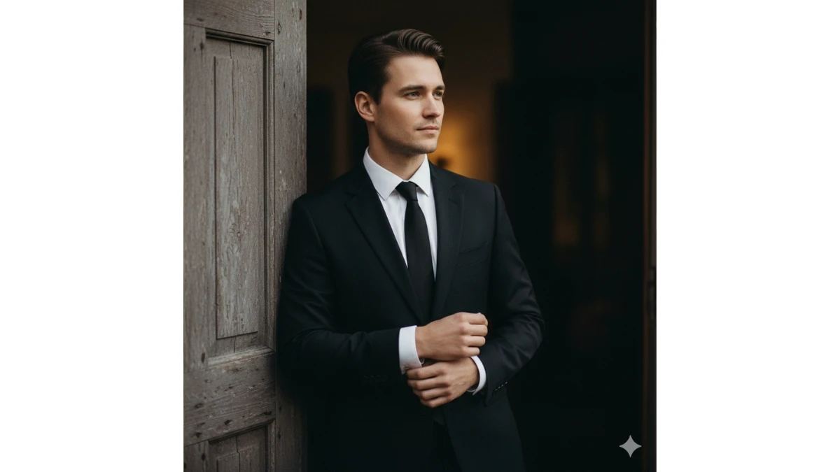 A man in a black suit posing elegantly in a doorway