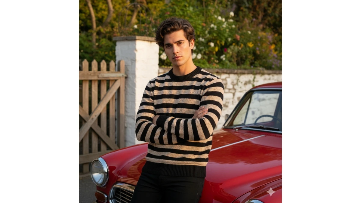 A man standing in front of a vintage red car