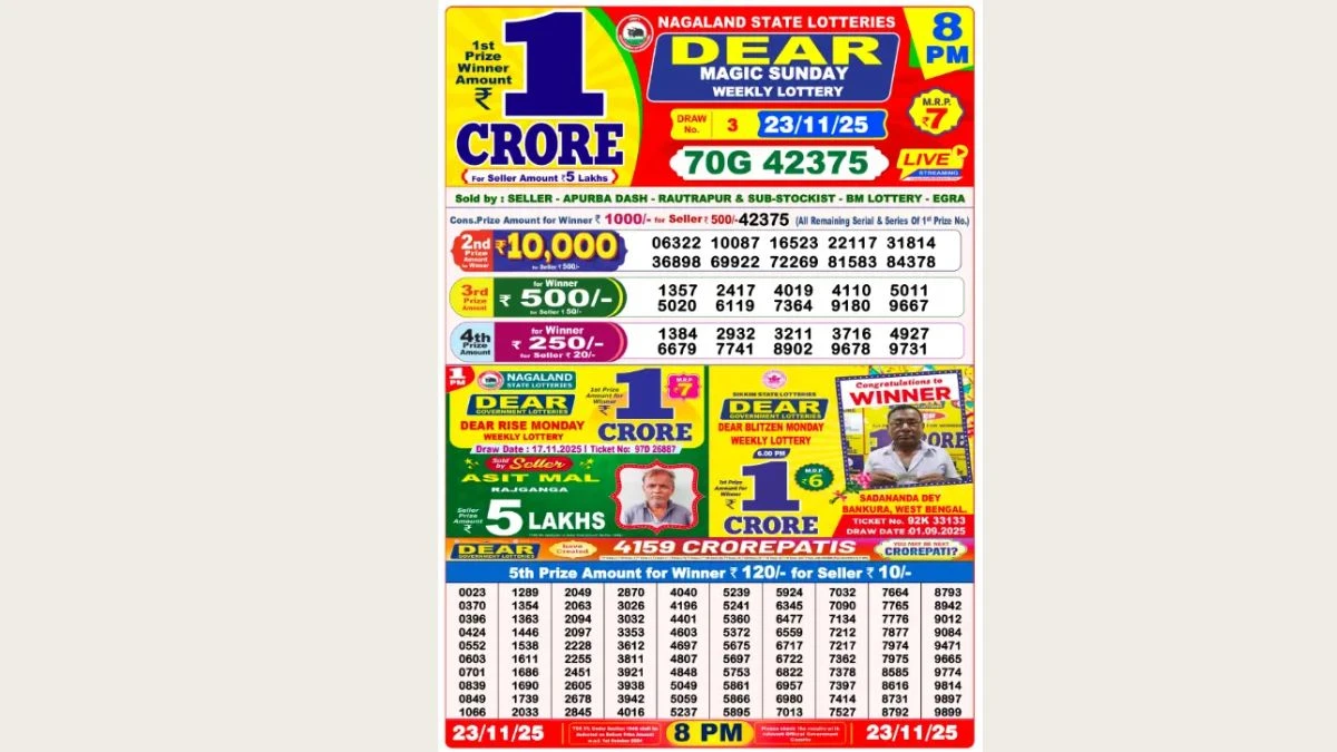 Nagaland Dear Lottery Result Today 23/11/2025 8 PM OUT: Check all Dear Magic Sunday Winning Numbers Here