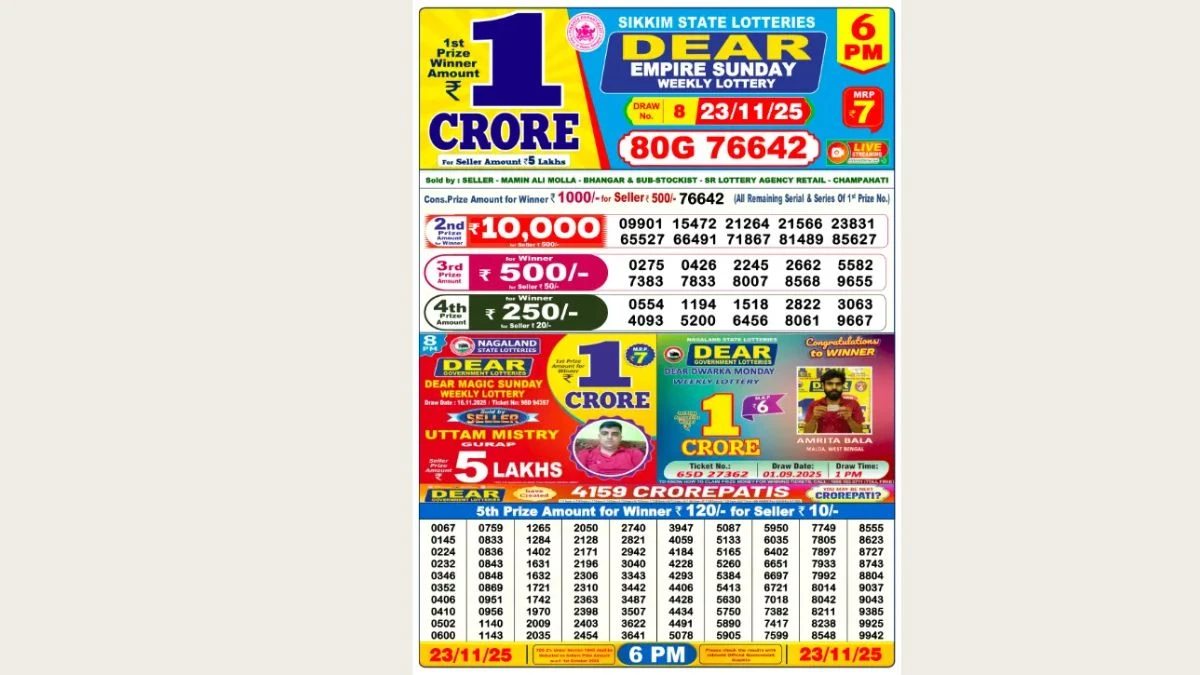 Nagaland Dear Lottery Result Today 23/11/2025 8 PM OUT: Check all Dear Magic Sunday Winning Numbers Here