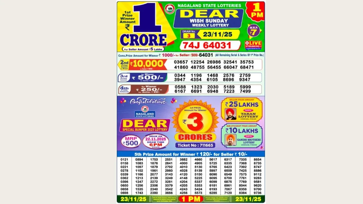 Nagaland Dear Lottery Result Today 23/11/2025 8 PM OUT: Check all Dear Magic Sunday Winning Numbers Here