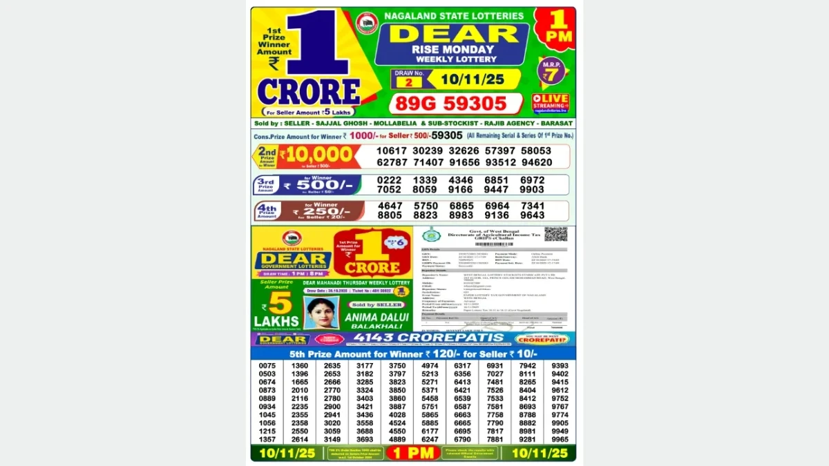 Nagaland Dear Lottery Sambad Result Today 10/11/2025 1 PM OUT: Check all Dear Rise Morning Monday Winning Numbers Here