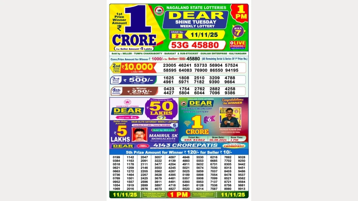 Nagaland Dear Lottery Sambad Result Today 11/11/2025 8 PM OUT: Check all Dear Destiny Evening Tuesday Winning Numbers Here