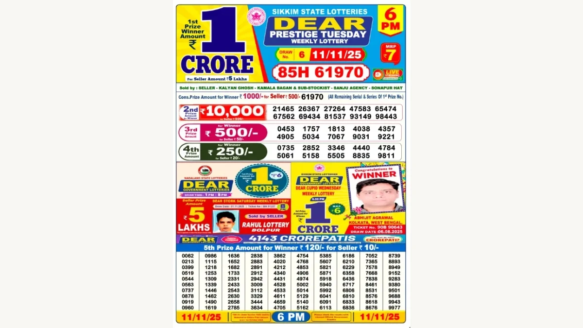 Nagaland Dear Lottery Sambad Result Today 11/11/2025 8 PM OUT: Check all Dear Destiny Evening Tuesday Winning Numbers Here