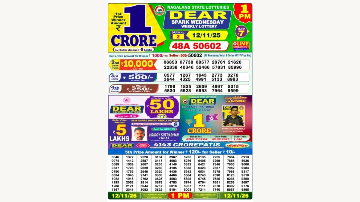 Nagaland Dear Lottery Sambad Result Today 12/11/2025 1 PM OUT: Check all Dear Spark Morning Wednesday Winning Numbers Here