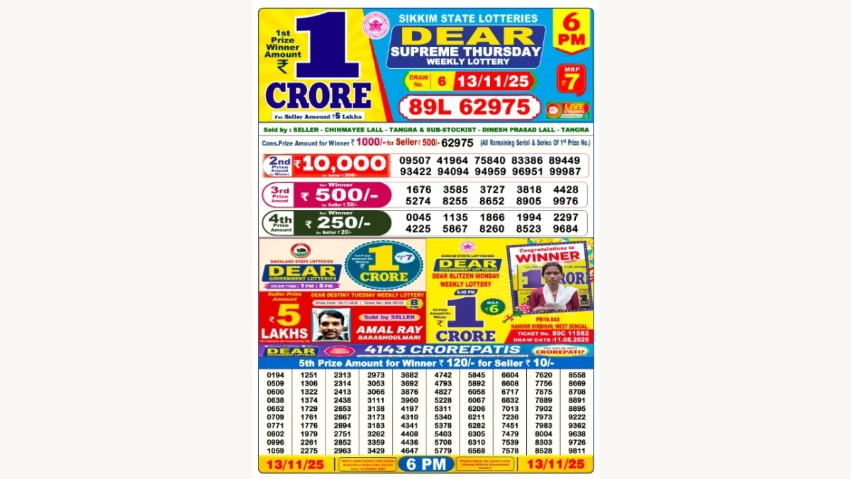 Nagaland Dear Lottery Result Today 13/11/2025 8 PM OUT: Check all Dear Fame Evening Thursday Winning Numbers Here