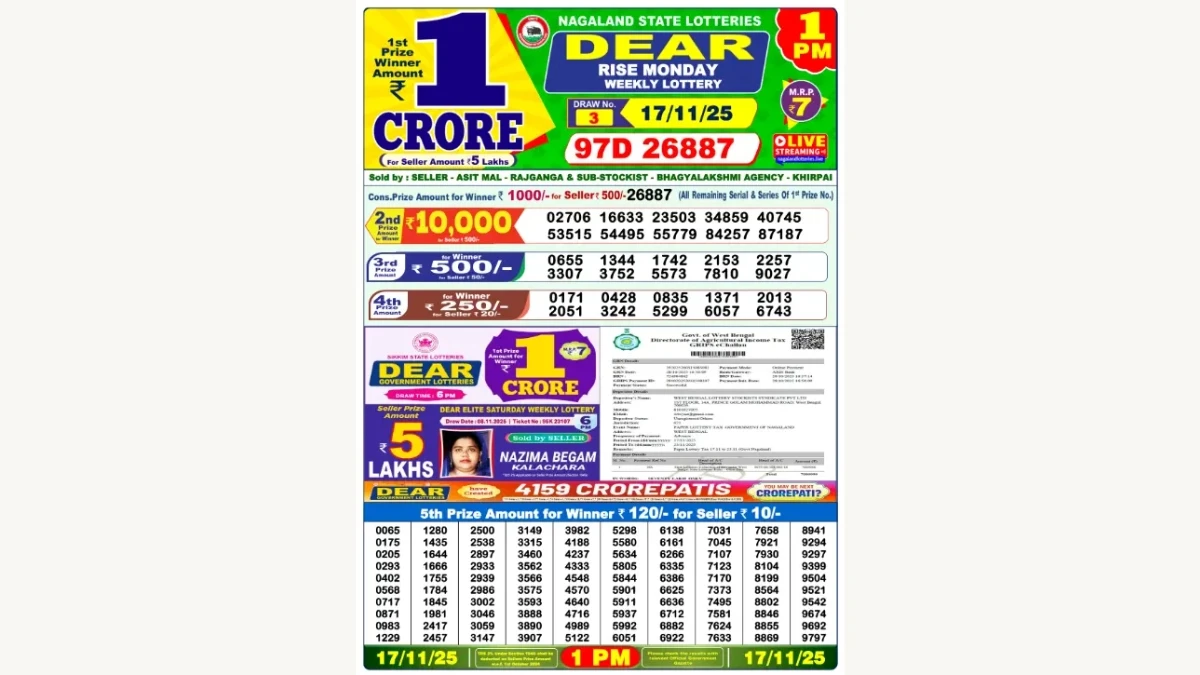 Nagaland Dear Lottery Result Today 17/11/2025 1 PM OUT : Check all Dear Rise Morning Monday Winning Numbers Here