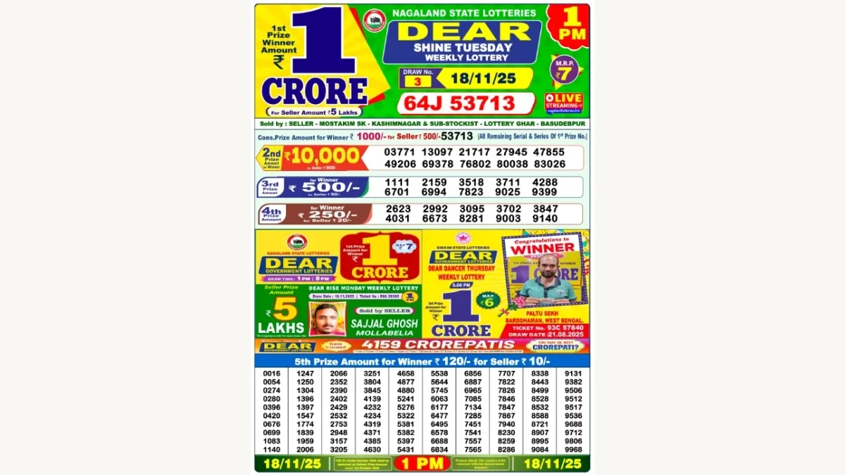 Nagaland Dear Lottery Result Today 18/11/2025 1 PM OUT: Check all Dear Shine Morning Tuesday Winning Numbers Here
