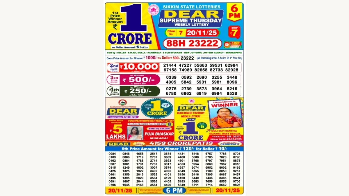Nagaland Dear Lottery Result Today 20/11/2025 8 PM OUT: Check all Dear Fame Evening Thursday Winning Numbers Here