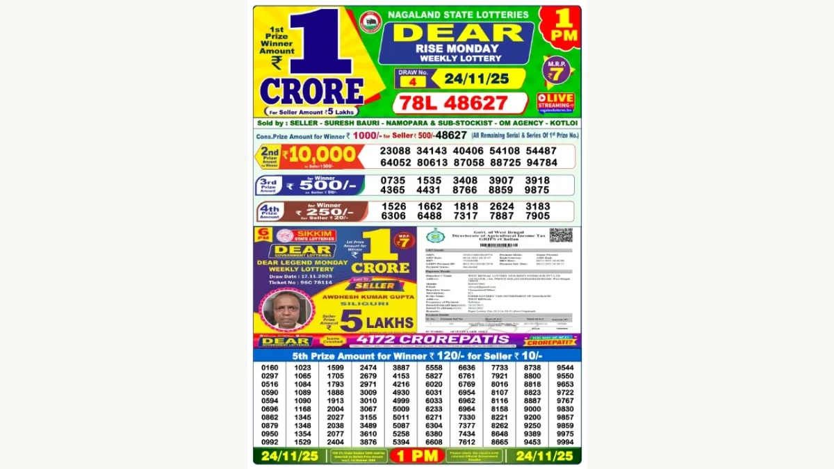 Nagaland Dear Lottery Result Today 24/11/2025 1 PM OUT: Check all Dear Rise Morning Monday Winning Numbers Here