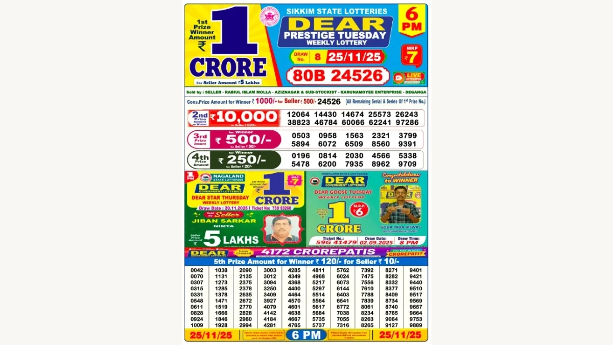 Nagaland Dear Lottery Result Today 25/11/2025 6 PM OUT: Check all Dear Prestige Day Tuesday Winning Numbers Here