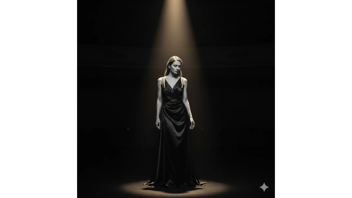 A woman in a black gown stands under a spotlight in a theater, creating a cinematic black-and-white portrait.
