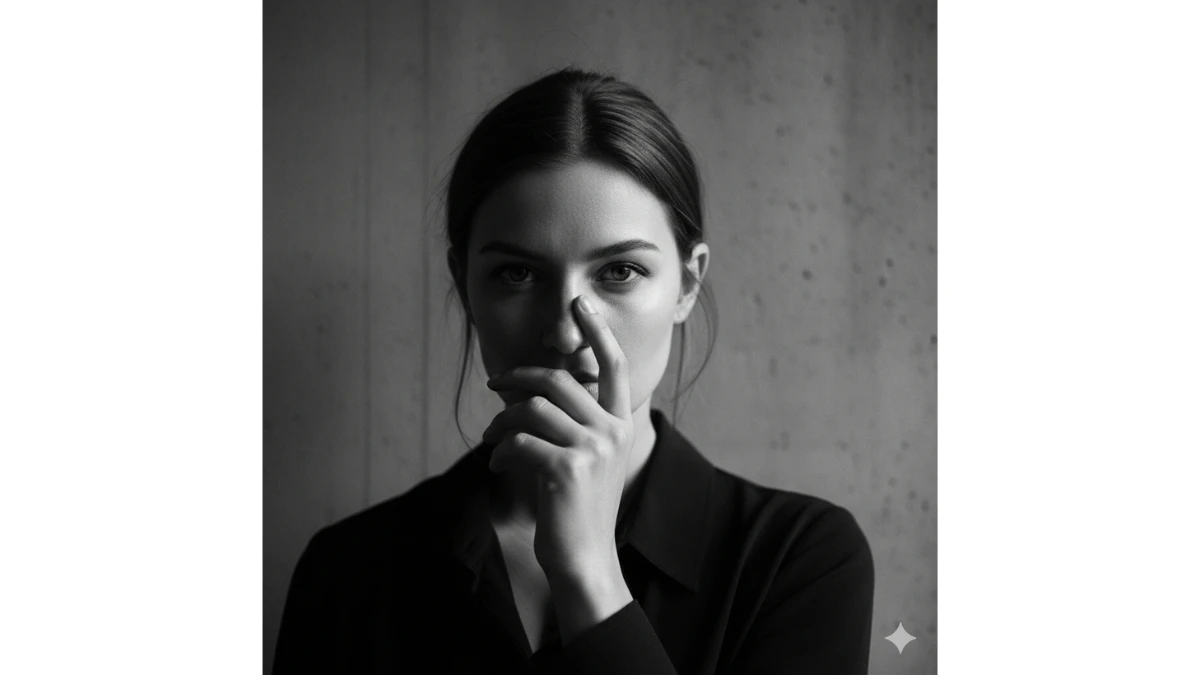 A hyperrealistic black-and-white portrait of a woman partially covering her face with her hand, creating a mysterious and intense look.