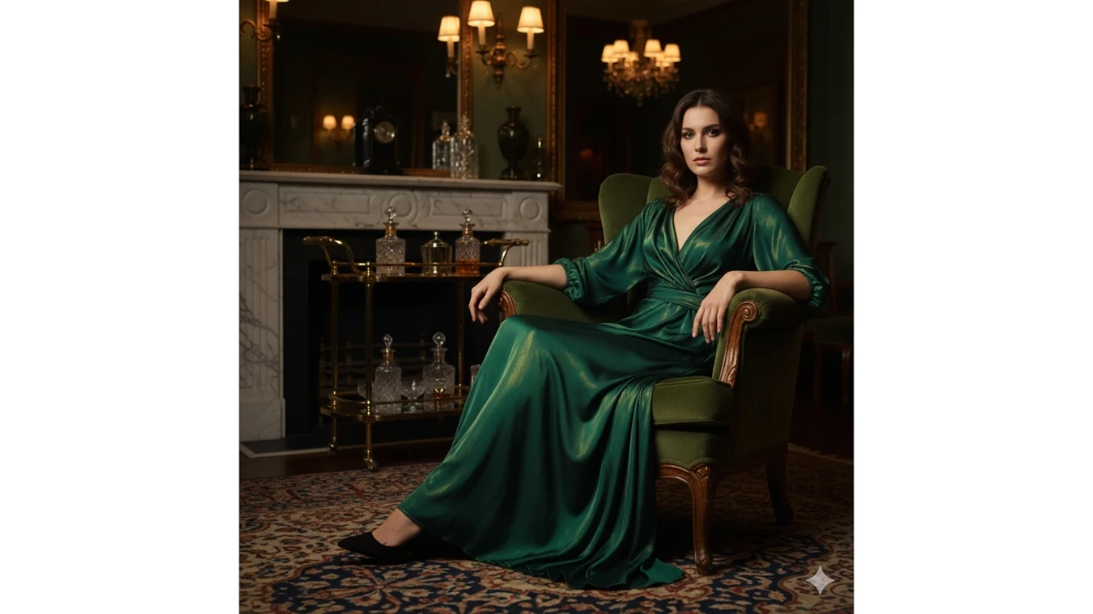 An editorial portrait of a woman in an emerald silk dress seated in a velvet armchair in a luxury lounge.