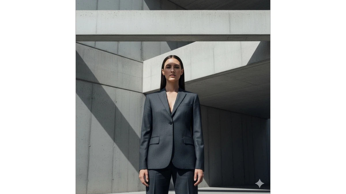 A modern portrait of a woman in a charcoal-gray pantsuit framed by minimal concrete architecture and sharp shadows.