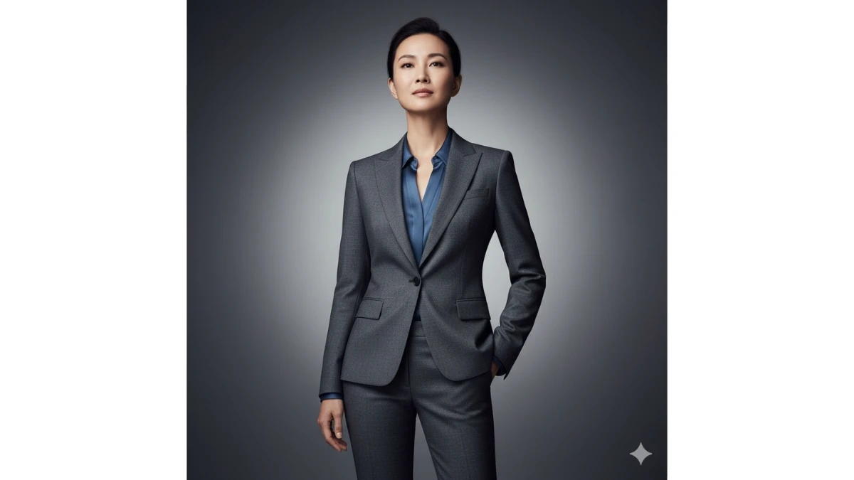 A studio portrait of a woman in a tailored charcoal business suit, exuding confidence against a soft gradient background.